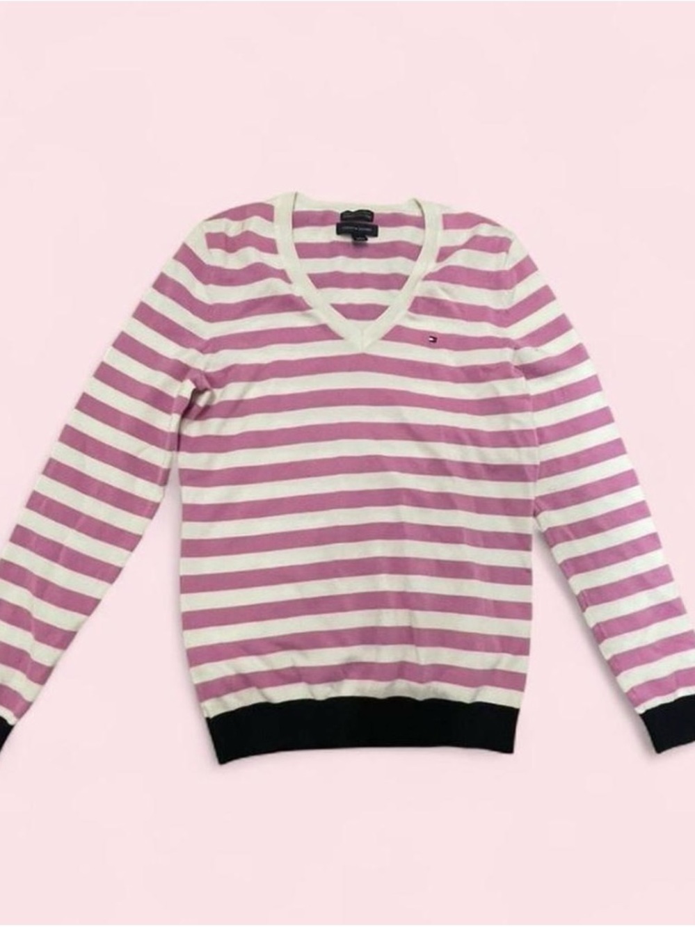 Tommy Hilfiger Pink and White Striped V-Neck Sweater with Black Trim